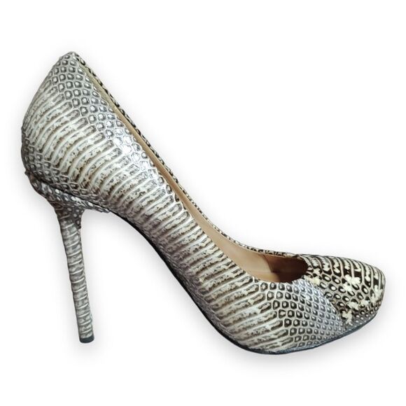 L.A.M.B. Prissy 8 M Tan Snake Print Leather Round Toe 5" Stiletto High Heels - Picture 9 of 13